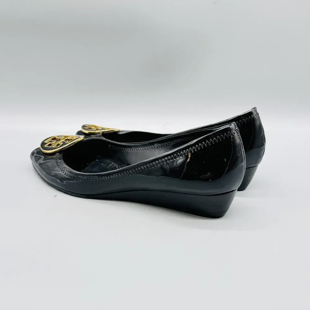 Tory Burch Shoes Womens 8 Black Patent Wedge Heel Pumps Peep Toe Logo Flats